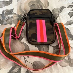 HAUTE SHORE Camouflage Crossbody Bag with Pink and Red Stripes